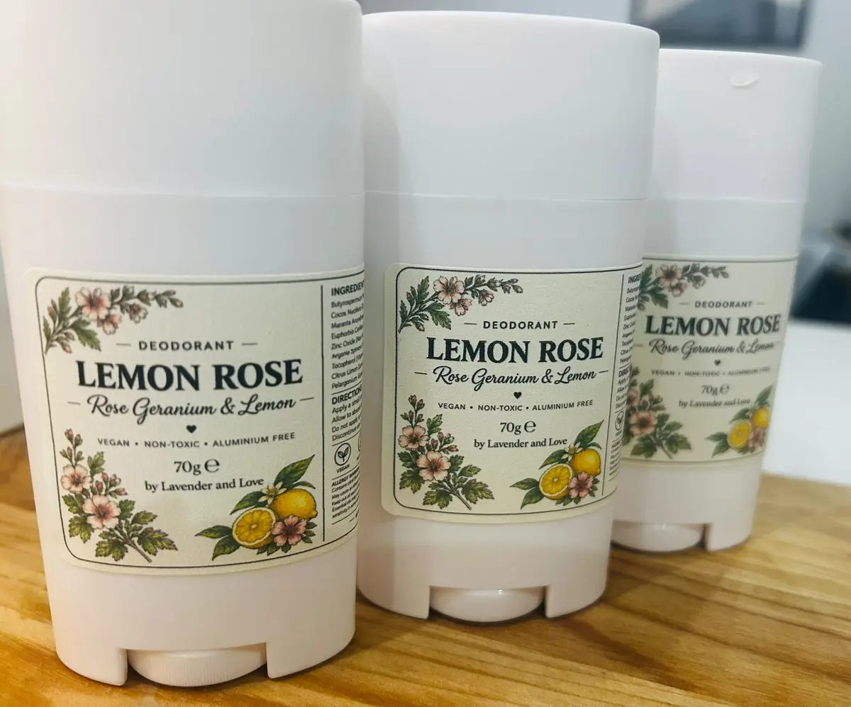 Three Lemon Rose natural deodorant sticks with rose geranium and lemon